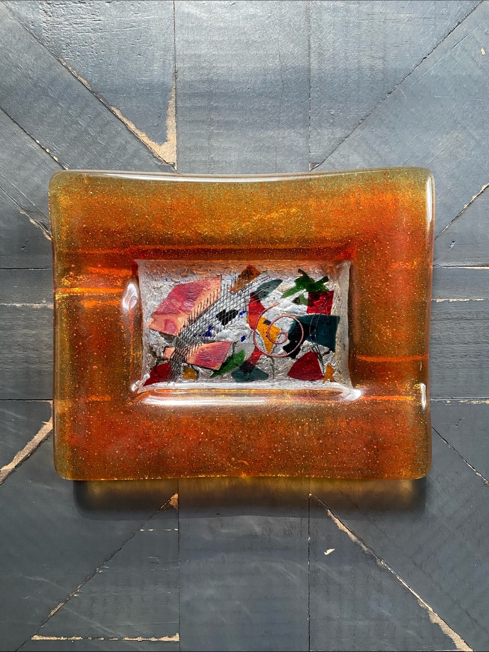 🧡Vintage🧡Handmade Italian Amber Glass Ashtray w/Abstract Inlay